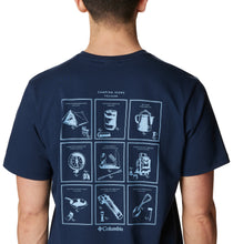 Load image into Gallery viewer, Columbia Men&#39;s Explorers Canyon Back Short Sleeve T-Shirt (Collegiate Navy/Campsite Icons Graphic)
