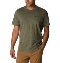 Load image into Gallery viewer, Columbia Men&#39;s Rockaway River Back Graphic Short Sleeve T-Shirt (Stone Green/ Lakeside Badge Graphic)
