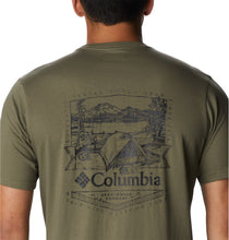 Load image into Gallery viewer, Columbia Men&#39;s Rockaway River Back Graphic Short Sleeve T-Shirt (Stone Green/ Lakeside Badge Graphic)
