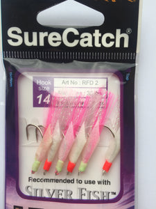 Sure Catch Sabiki Ultra One Touch 6 Hook Rig (White Pink Tinsel)(Size 14)