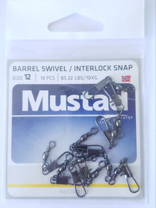 Mustad Black Barrel Swivel with Interlock Snap (Size 12/22lbs)(10 Pack)